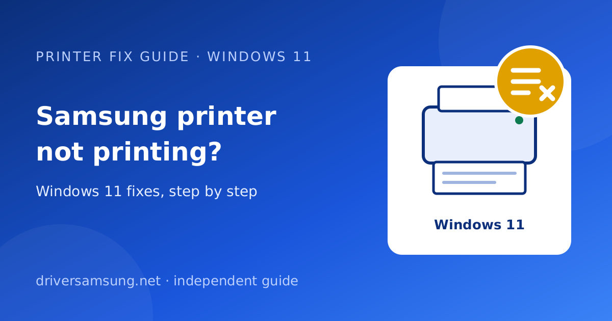 Illustration of a printer with a stuck print queue icon and the words Samsung printer not printing, Windows 11
