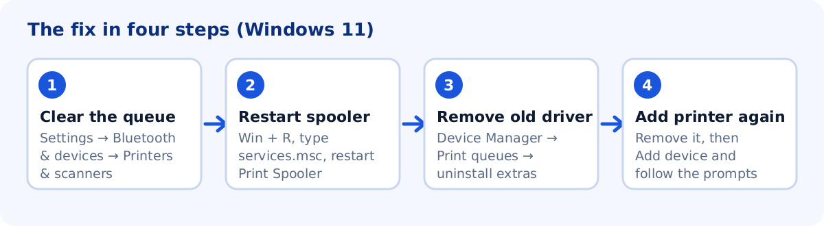Four-step diagram: clear the print queue, restart the Print Spooler service, remove old drivers in Device Manager, add the printer again