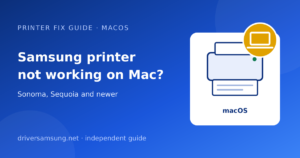 Illustration of a laptop and a printer with the words Samsung printer not working on Mac
