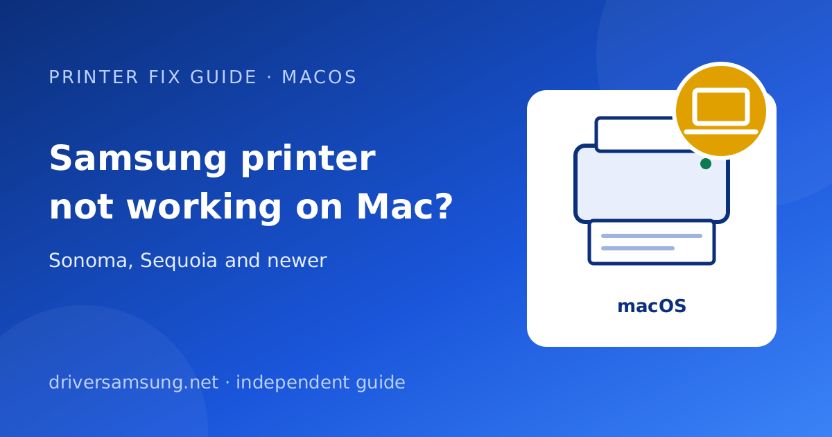 Illustration of a laptop and a printer with the words Samsung printer not working on Mac