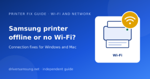 Illustration of a printer with a Wi-Fi symbol and the words Samsung printer offline or no Wi-Fi