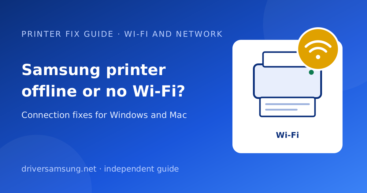 Illustration of a printer with a Wi-Fi symbol and the words Samsung printer offline or no Wi-Fi