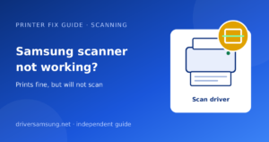 Illustration of a printer with a scanner glass and a scan line, with the words Samsung scanner not working