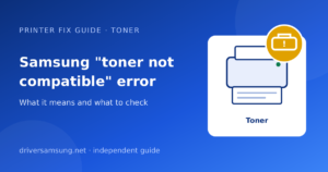 Illustration of a toner cartridge with a warning sign and the words Samsung toner not compatible